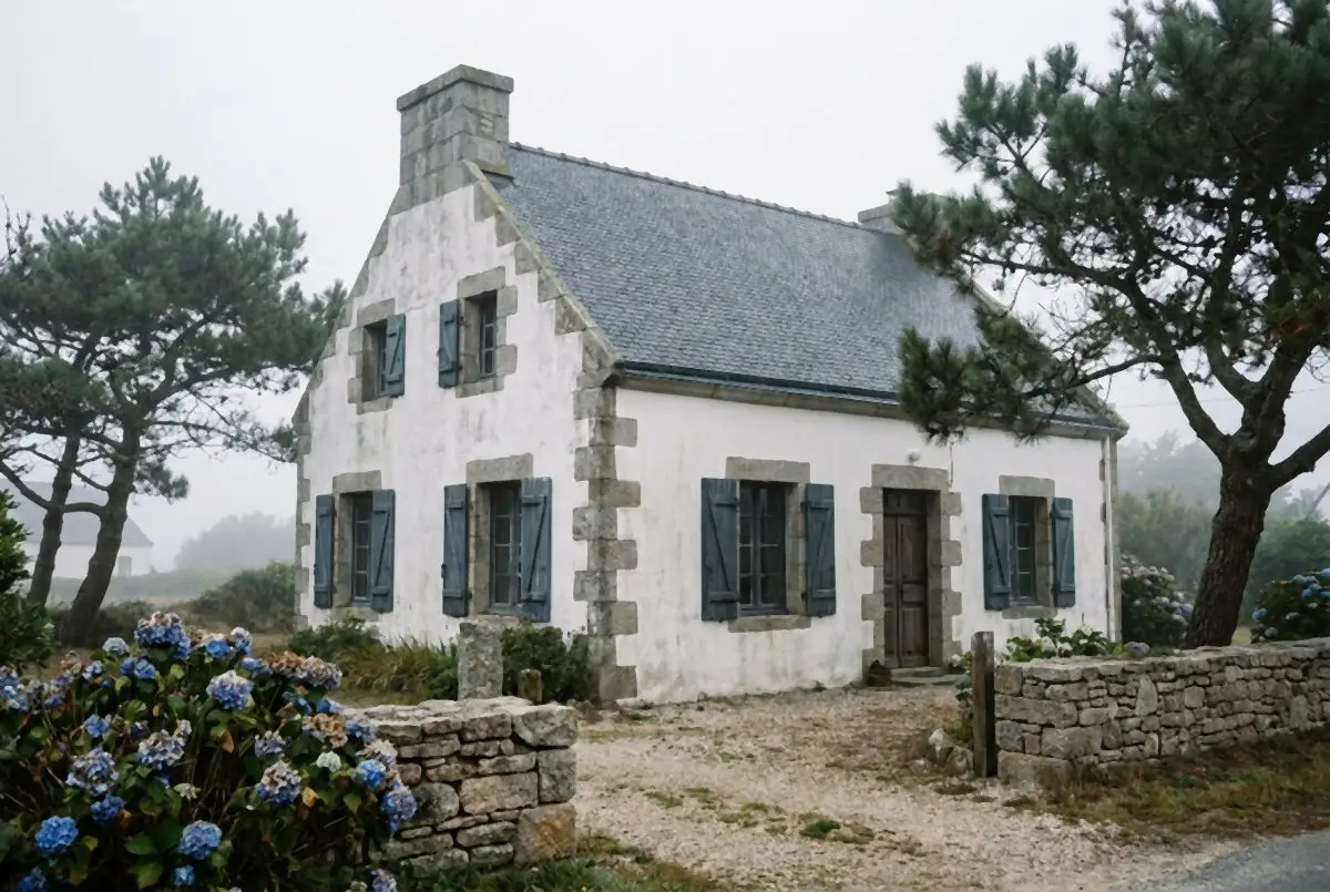 Maison bretonne en pierre dans la brume, entourée de pins