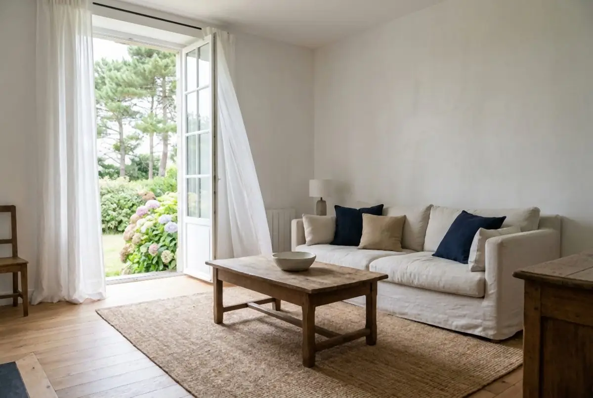 Salon de maison secondaire aéré, fenêtre ouverte sur le jardin